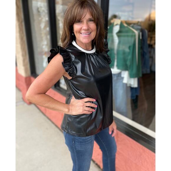 THML Small Black Faux Leather Short Flutter Sleeve Flowy Blouse Knit Neck - Picture 4 of 11